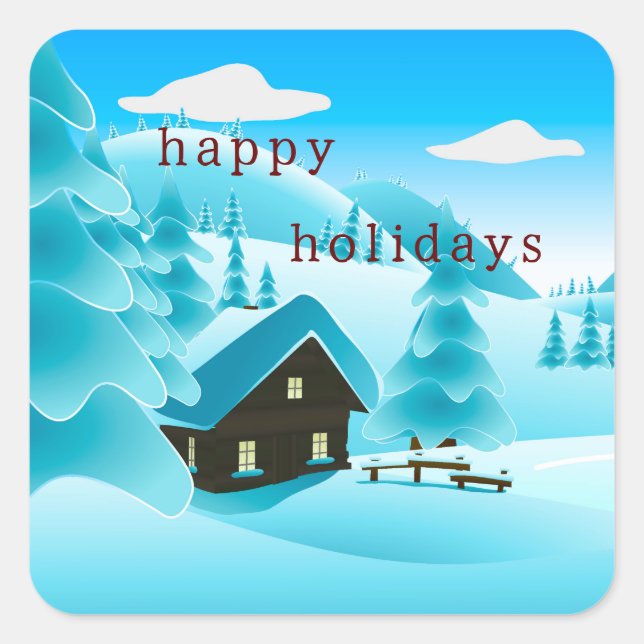Pegatina Cuadrada Nevado Winter Woods y Cabin "Happy Holidays" (Anverso)
