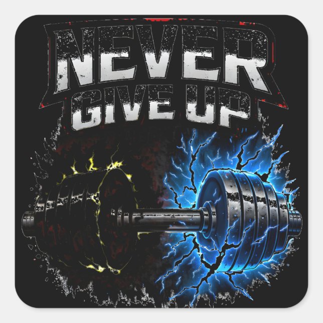 Pegatina Cuadrada Never Give Up – Resilience Gym Motivation (Anverso)