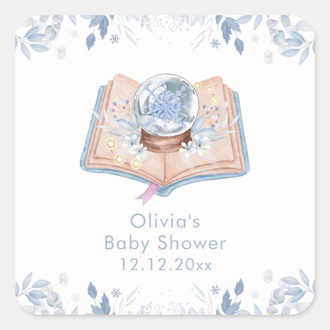 Pegatina Cuadrada New Chapter Winter Floral Snowball Baby Shower  (Anverso)