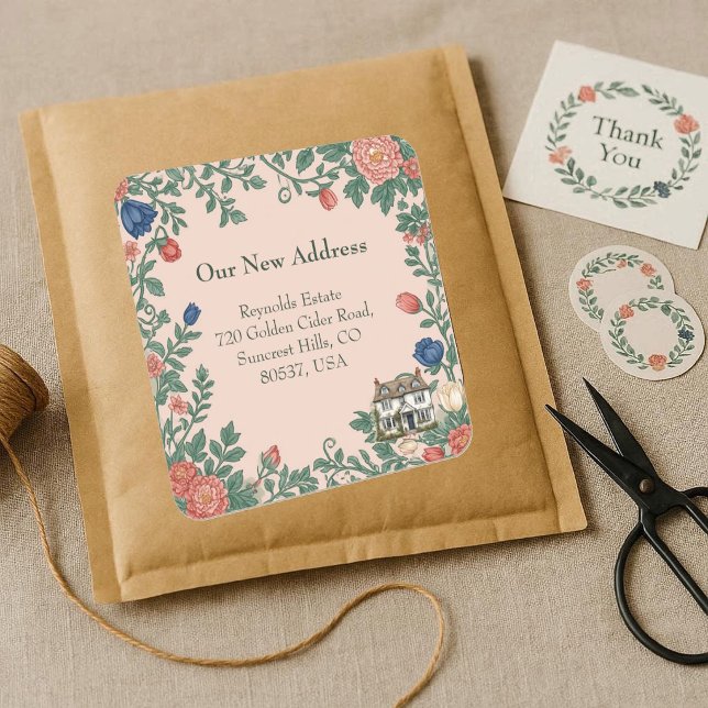 Pegatina Cuadrada New House Address William Morris Inspired Greenery (New House Address William Morris Inspired Greenery Square Sticker)