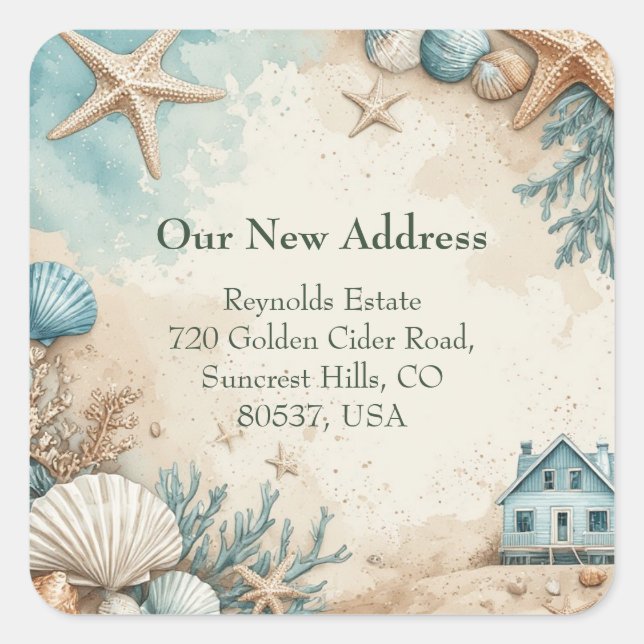 Pegatina Cuadrada New House Seaside Beach House Coastal Marine Life (Anverso)