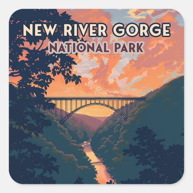 Pegatina Cuadrada New River Gorge National Park West Virginia Bridge (Anverso)