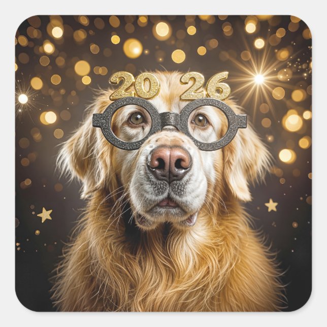 Pegatina Cuadrada New Year 2026 Golden Retriever Humor (Anverso)