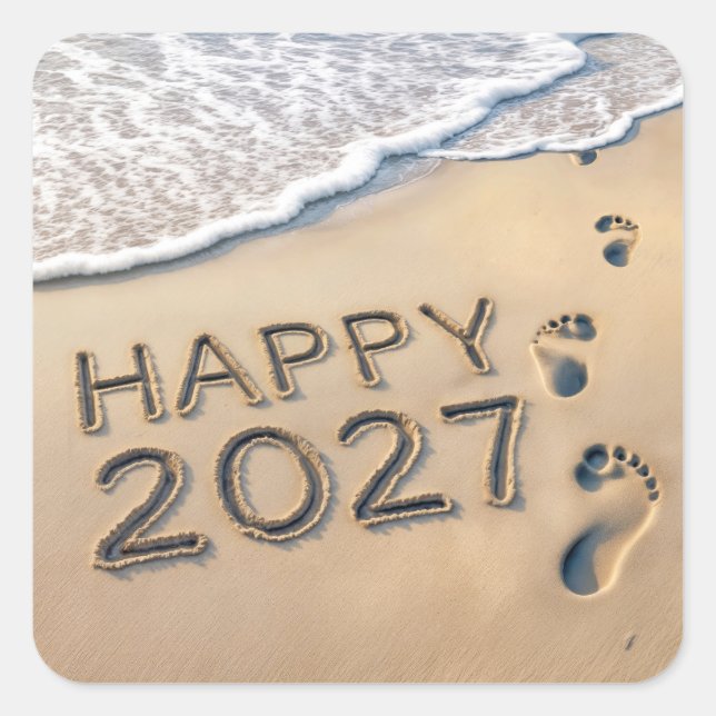 Pegatina Cuadrada New Year 2027 Beach Footprints (Anverso)