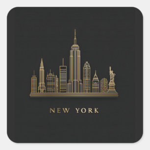 Pegatina Cuadrada New York City Skyline Gold Line Art