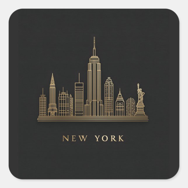 Pegatina Cuadrada New York City Skyline Gold Line Art (Anverso)