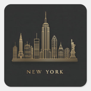 Pegatina Cuadrada New York City Skyline Gold Line Art