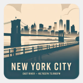 Pegatina Cuadrada New York City Skyline Minimalist Art Vintage River