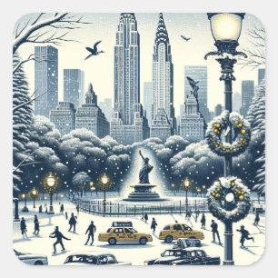 Pegatina Cuadrada New York Holiday Elegance - Navidades Personalizab