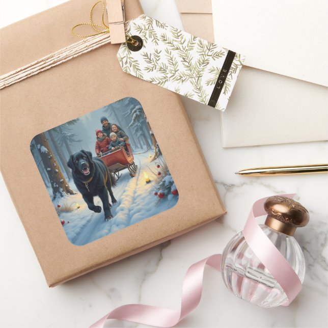 Pegatina Cuadrada Newfoundland Dog Snowy Sleigh Ride Christmas (Regalar)