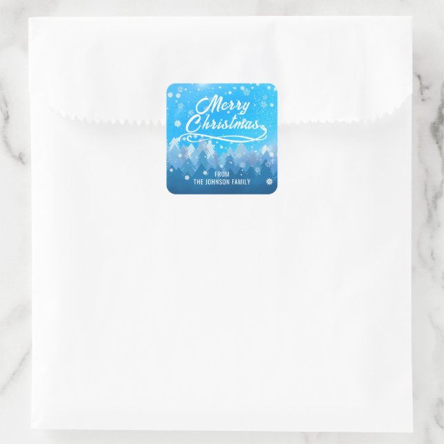 Pegatina Cuadrada Nieve blanca azul Selva Pacífica Feliz Navidad (Bolso)