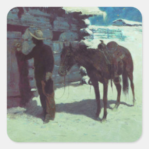 Pegatina Cuadrada Nieve de invierno de caballos y bovinas