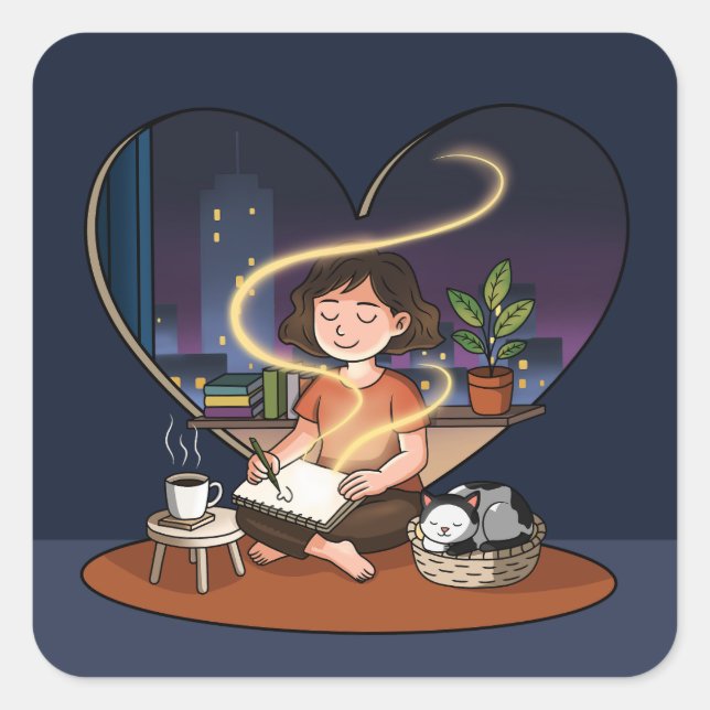 Pegatina Cuadrada Night Creator Cozy Heart Window Art (Anverso)
