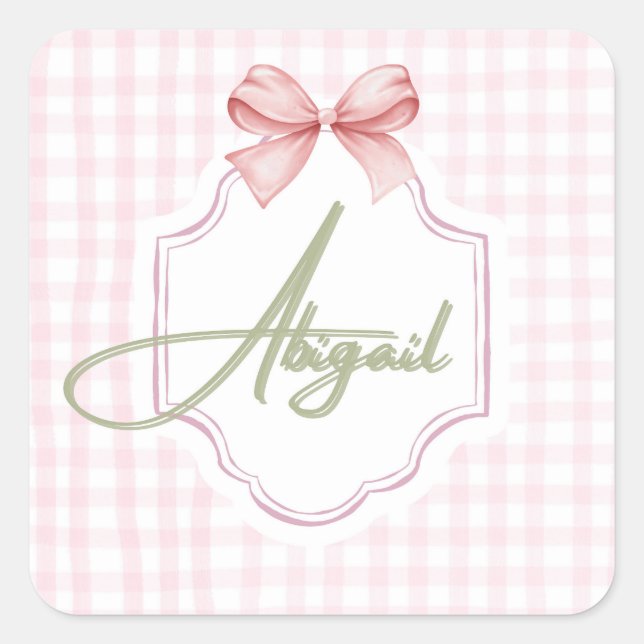 Pegatina Cuadrada Niña Abigail Personalizada Bow&Gingham (Anverso)