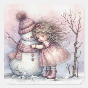 Pegatina Cuadrada Niña abrazando a un muñeco de nieve