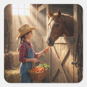 Pegatina Cuadrada Niña alimentando a un caballo con zanahorias
