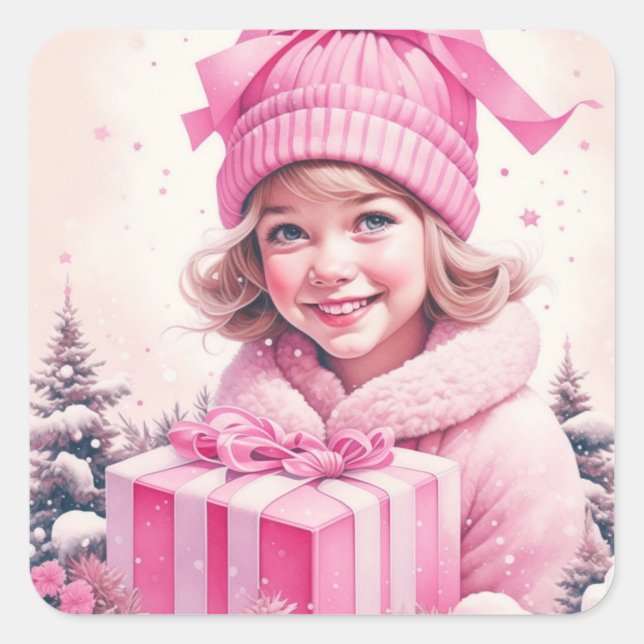 Pegatina Cuadrada Niña Antigüa de Rosa con Caja de Regalo (Anverso)
