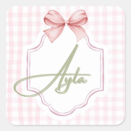 Pegatina Cuadrada Niña Ayla Nursery Bow&Gingham personalizada