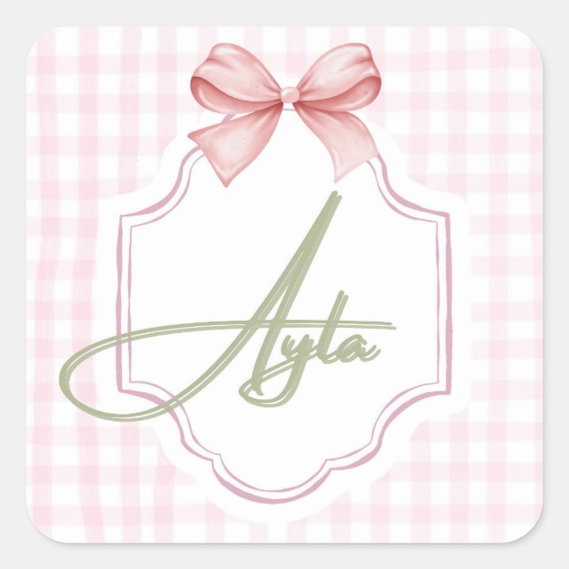 Pegatina Cuadrada Niña Ayla Nursery Bow&Gingham personalizada (Anverso)