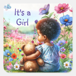 Pegatina Cuadrada Niña bebé con Teddy Bear Baby Shower Es un Chica