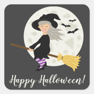 Pegatina Cuadrada Niña bruja linda volando & texto Feliz Halloween