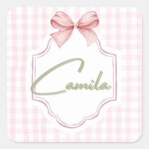 Pegatina Cuadrada Niña Camila Bebé Personalizada Bow&Gingham