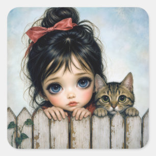 Pegatina Cuadrada Niña con Ojos Grandes y Gato Mascota