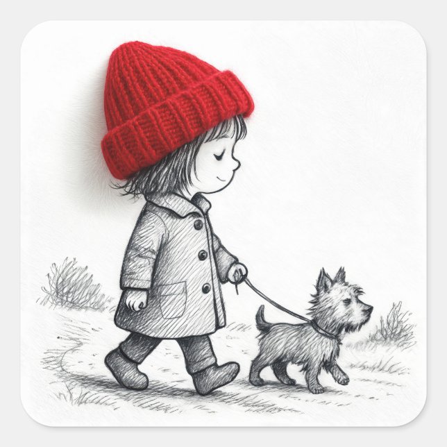 Pegatina Cuadrada Niña de Gorro Rojo Paseando a su Perro (Anverso)