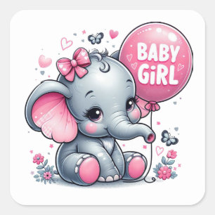 Pegatina Cuadrada Niña dulce elefante con flores y corazón