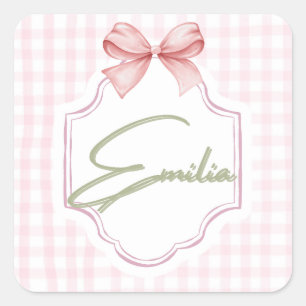 Pegatina Cuadrada Niña Emilia Bebé Personalizada Bow&Gingham