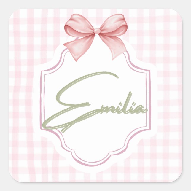 Pegatina Cuadrada Niña Emilia Bebé Personalizada Bow&Gingham (Anverso)