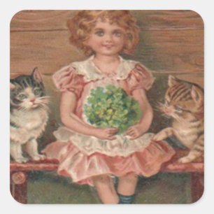 Pegatina Cuadrada Niña Gato Gatito Flores Cumpleaños