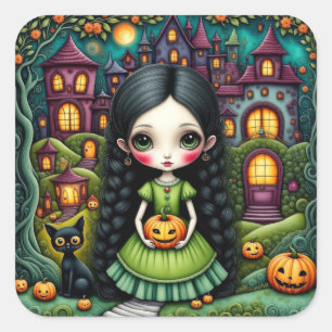 Pegatina Cuadrada Niña Gótica Adorable Calabaza Pueblo Halloween