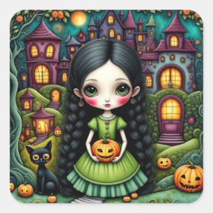 Pegatina Cuadrada Niña Gótica Adorable Calabaza Pueblo Halloween