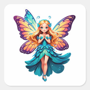 Pegatina Cuadrada ⭐ Niña Hada Encantadora Con Alas de Mariposa 🦋