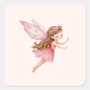 Pegatina Cuadrada Niña Hada Encantadora con Vestido Rosa Caprichoso