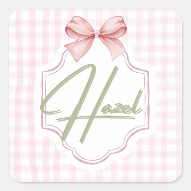 Pegatina Cuadrada Niña Hazel Baby Nursery Personalizada Bow&Gingham (Anverso)