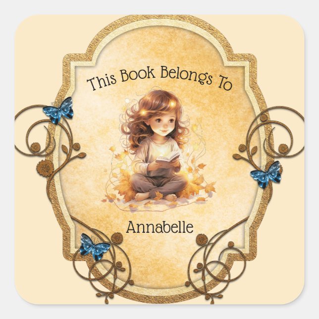 Pegatina Cuadrada Niña Magnífica leyendo un libro (Anverso)