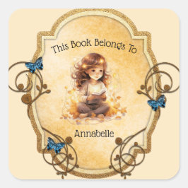 Pegatina Cuadrada Niña Magnífica leyendo un libro