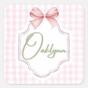 Pegatina Cuadrada Niña Oaklynn Nursery Bow&Gingham personalizada