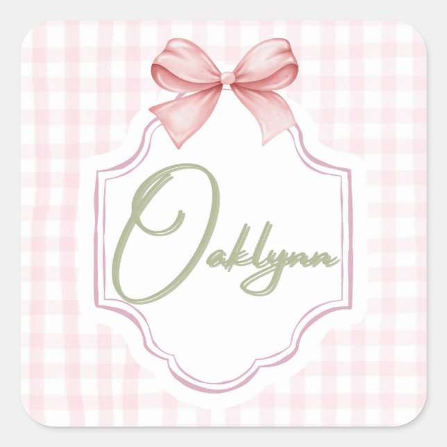 Pegatina Cuadrada Niña Oaklynn Nursery Bow&Gingham personalizada (Anverso)