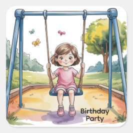 Pegatina Cuadrada Niña pequeña con Fiesta de cumpleaños 4