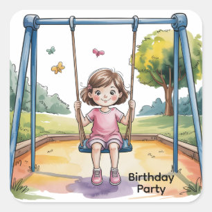 Pegatina Cuadrada Niña pequeña con Fiesta de cumpleaños 4