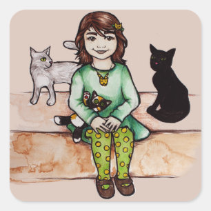Pegatina Cuadrada Niña pequeña con gatos