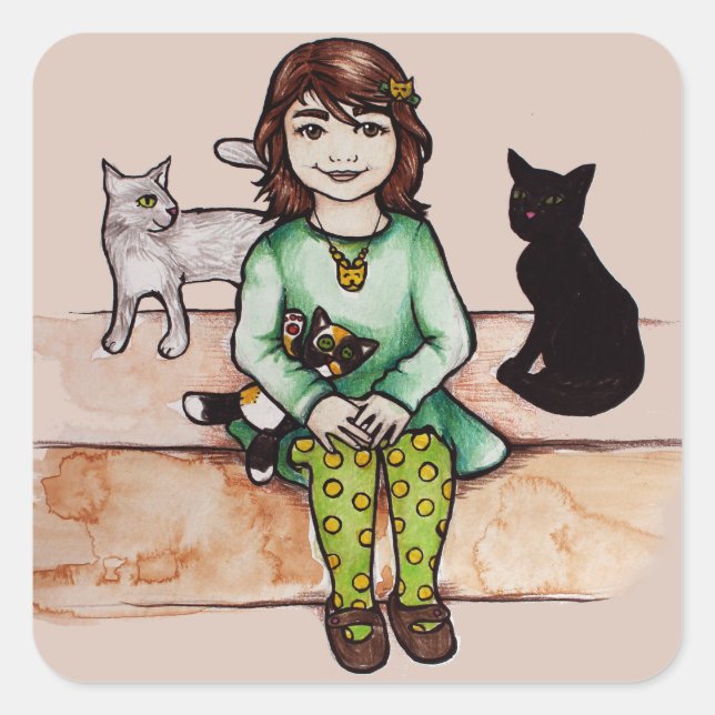 Pegatina Cuadrada Niña pequeña con gatos (Anverso)