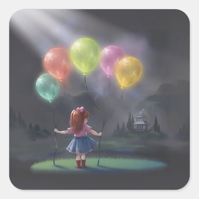 Pegatina Cuadrada Niña pequeña con globos (Anverso)
