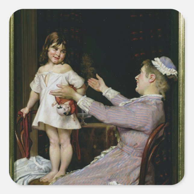 Pegatina Cuadrada Niña pequeña con muñeca y su enfermera, 1896 (Anverso)