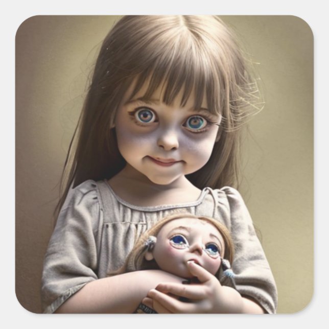 Pegatina Cuadrada Niña pequeña con ojos grandes y muñeca espeluznant (Anverso)