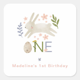 Pegatina Cuadrada Niña pequeña conejita 1 cumpleaños de Pascua
