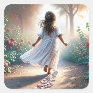Pegatina Cuadrada Niña Pequeña Corriendo en un Camino de Corazones R